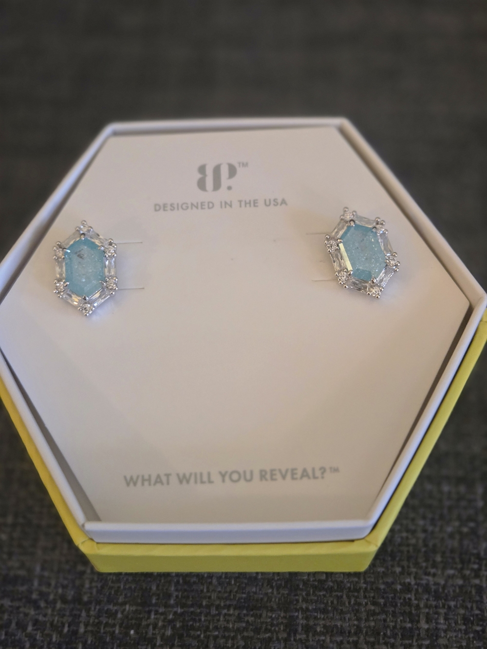 Bomb Party Hexagon Blue Topaz Ice Cryatal Aqua Crystal Halo Earrings MSRP $138